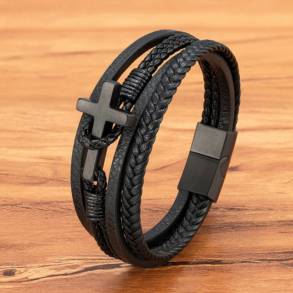 XQNI New Cross Men's Leather Bracelets Stainless Steel Magnet Clasp Charms Fashion Punk Bangle Homme Christian Jewelry Gifts