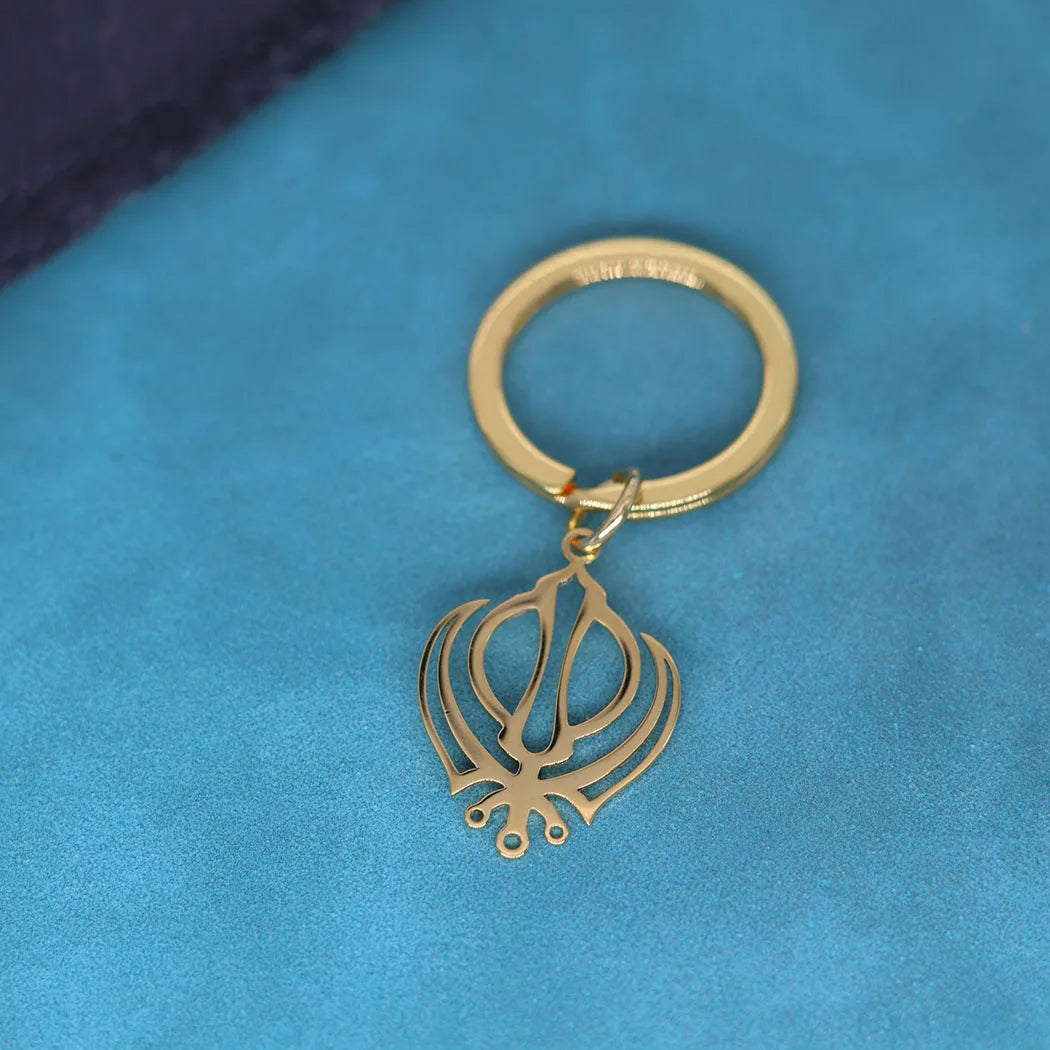 Geometric Hollow Out Khanda Pendant Stainless Steel Gold Plated Keychain For Men Women Sikhism Key Chains Amulet Jewelry Gift