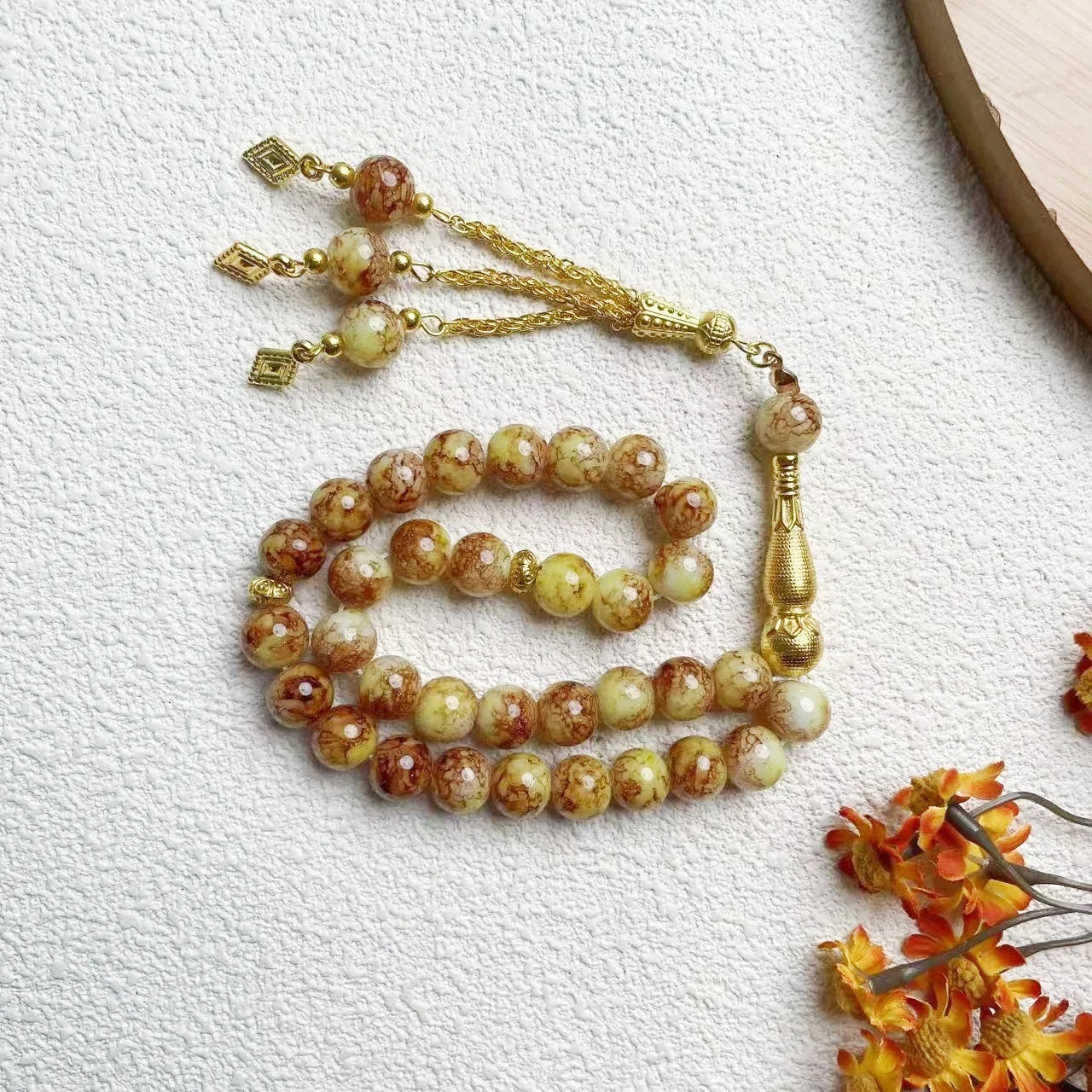 10mm Large Flower Beads 33pcs Glass Prayer Beads Muslim Tasbih Golden Tassel Handmade Rhombus Shape Retro Style Jewelry