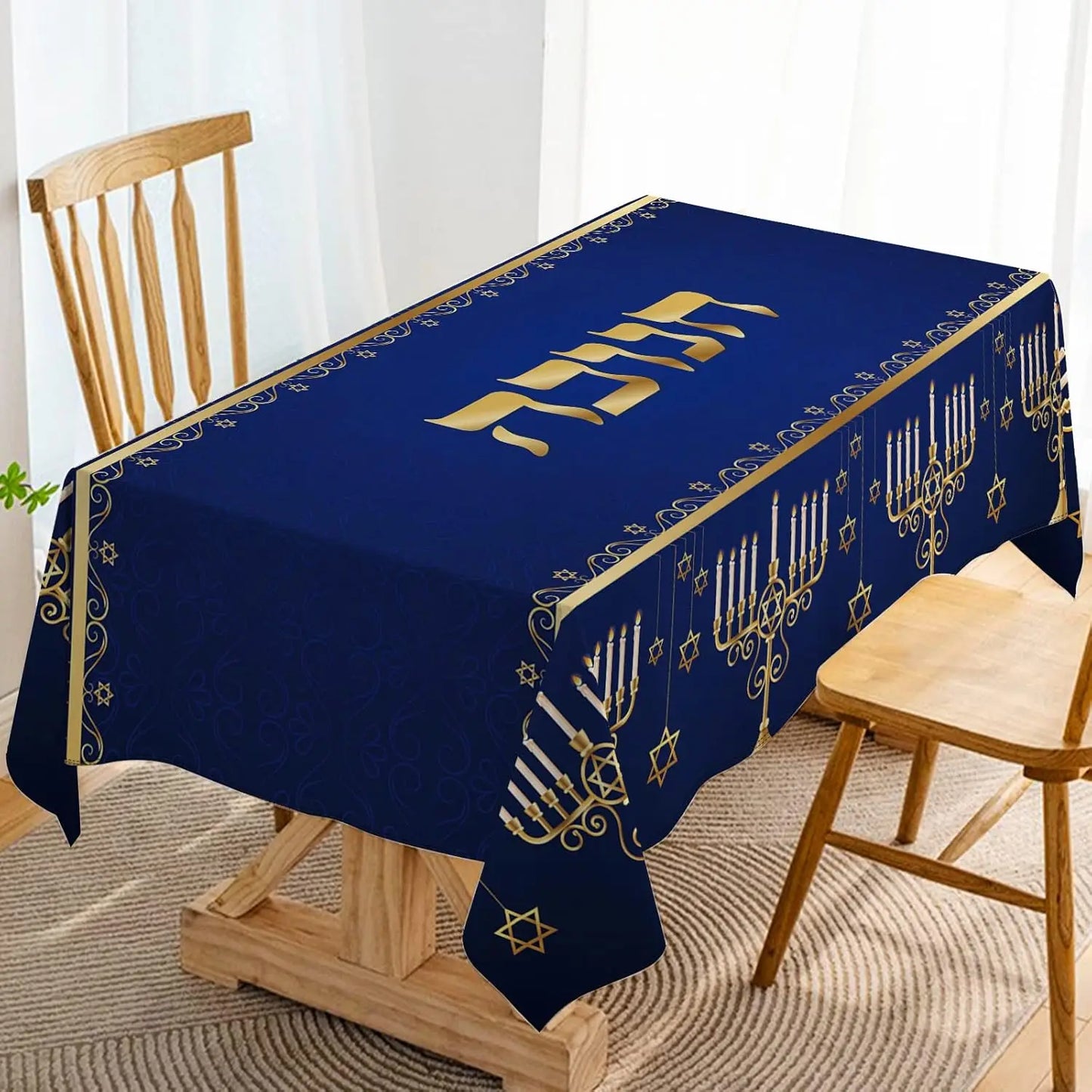 Hanukkah Menorah Rectangle Tablecloth Hebrew Jewish Chanukah Party Decor Star of David Table Cover Washable Kitchen Dining Table