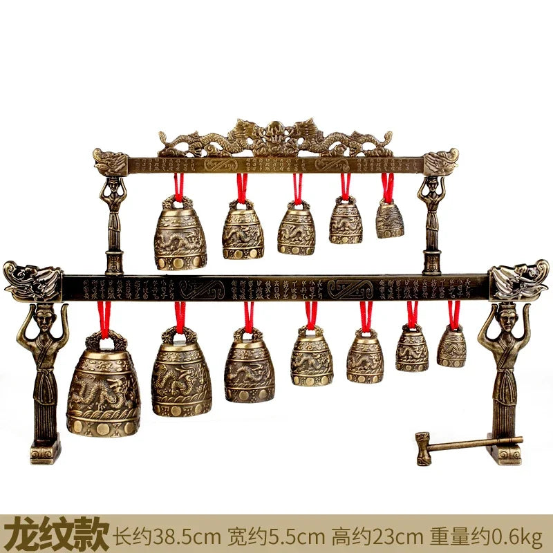 Chinese Old Meditation Gong with 7 Ornate Bell with Dragon Design Chinese Musical Instrument Bronze Metal Handicraft Home Decor