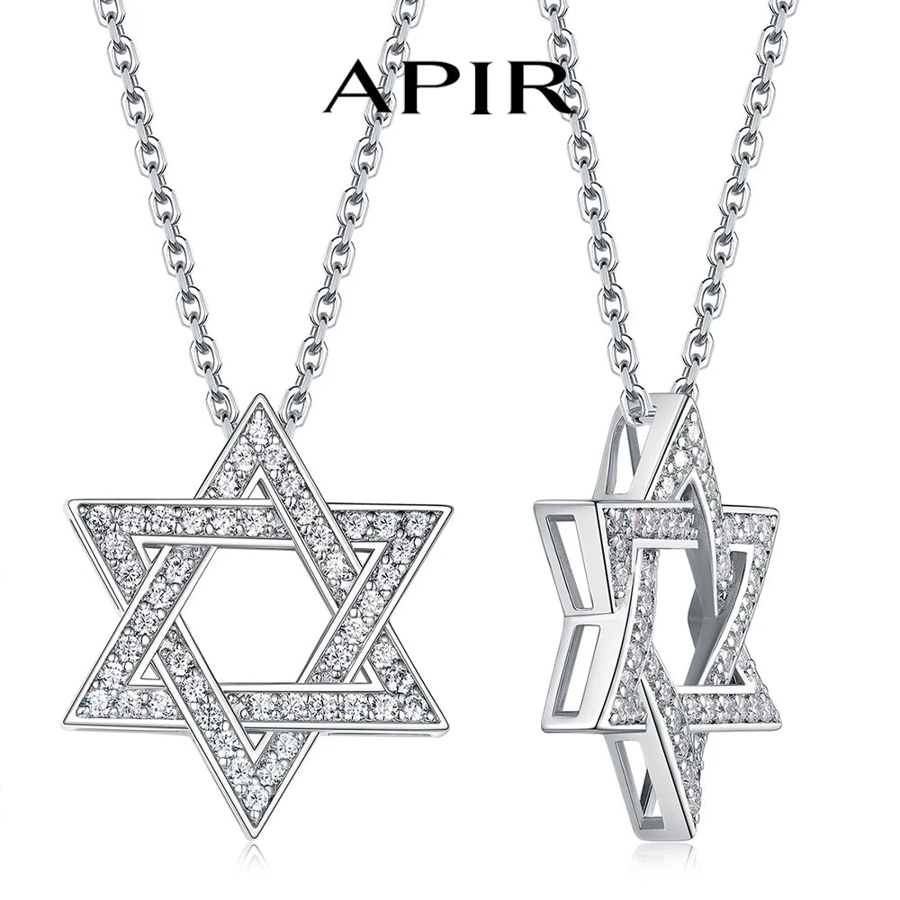 APIR 925 Silver D/VVS1 Moissanite Star Pendant Necklace Cross Star of David for Men Women Lucky Amulet Chain Neck Jewelry