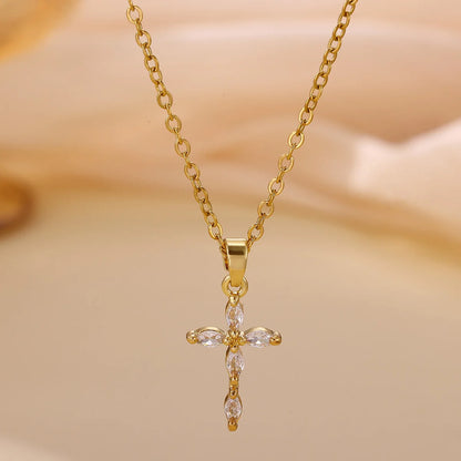 Colorful Shiny Cubic Zirconia Cross Pendant Necklaces for Women Gold Color Delicate Fashion Collar Jewelry Gift
