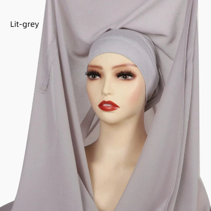 Premium Chiffon Hijab With Bulit-in Magnets Solid Color Easy To Wear Shawl Wrap With Undercap For Muslim Women
