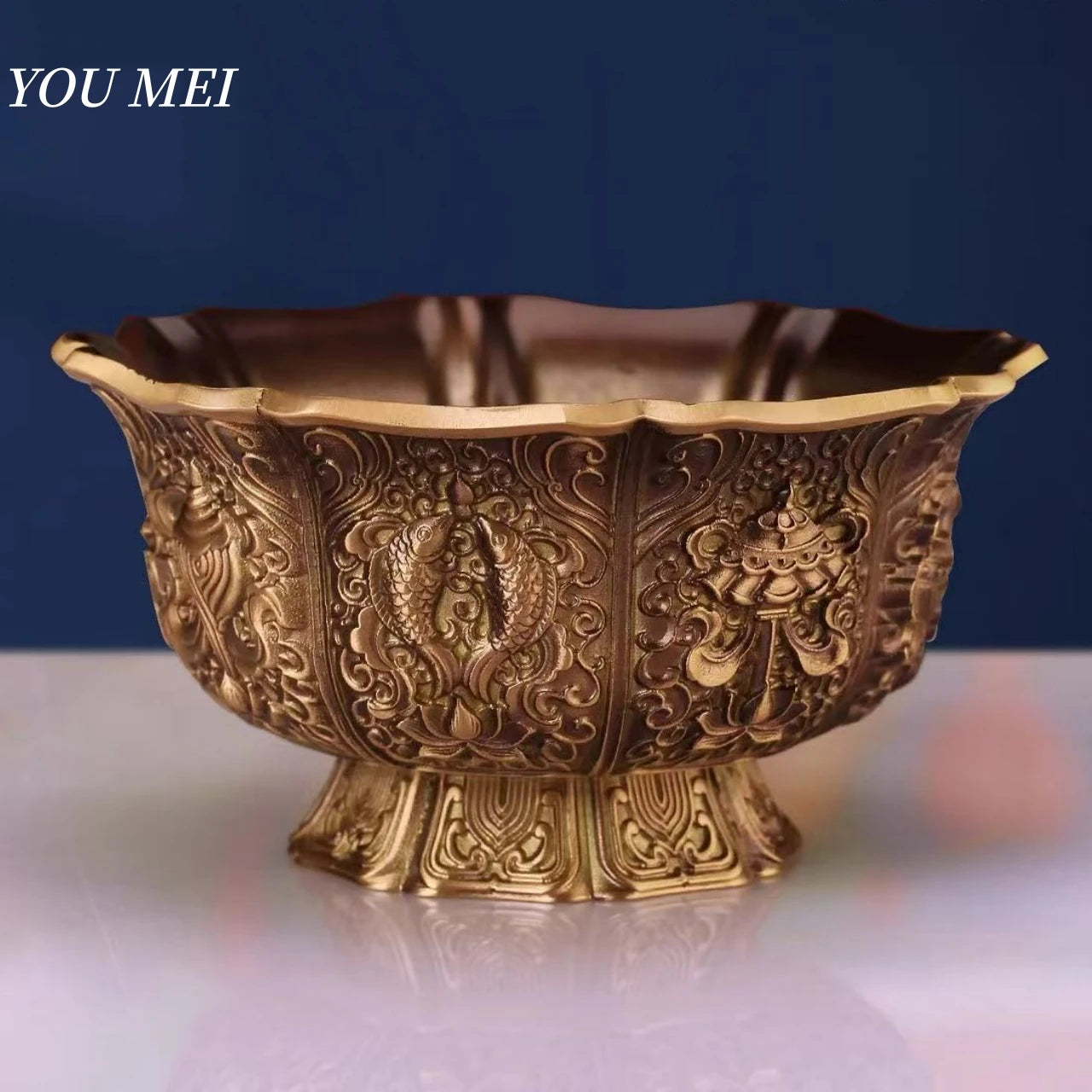 Tibetan Eight Auspicious Symbols Carved Brass Holy Altars Bowl,Tantric Indoor Desktop Water Cup,9 cm Sacred Bowl Buddhist Item