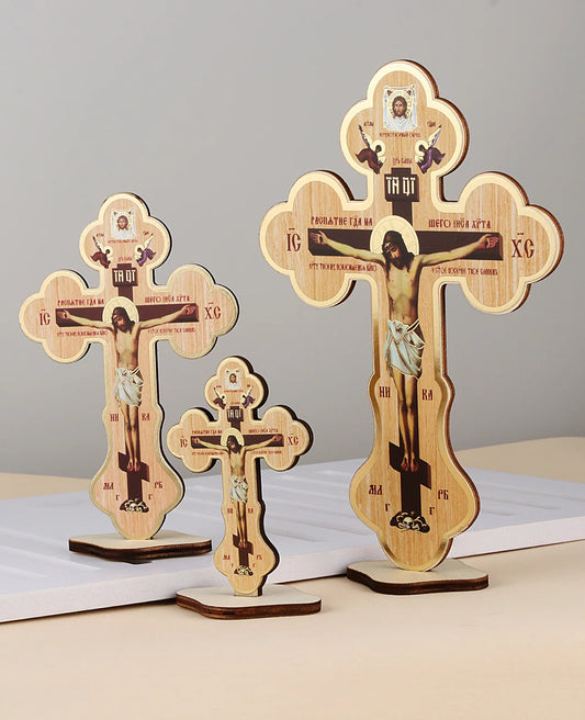 Wooden Jesus on Cross Stand Decoration Christian Crucifix Jesus Christ Crosses Icon Ornament Church Desktop Display Crafts Gift