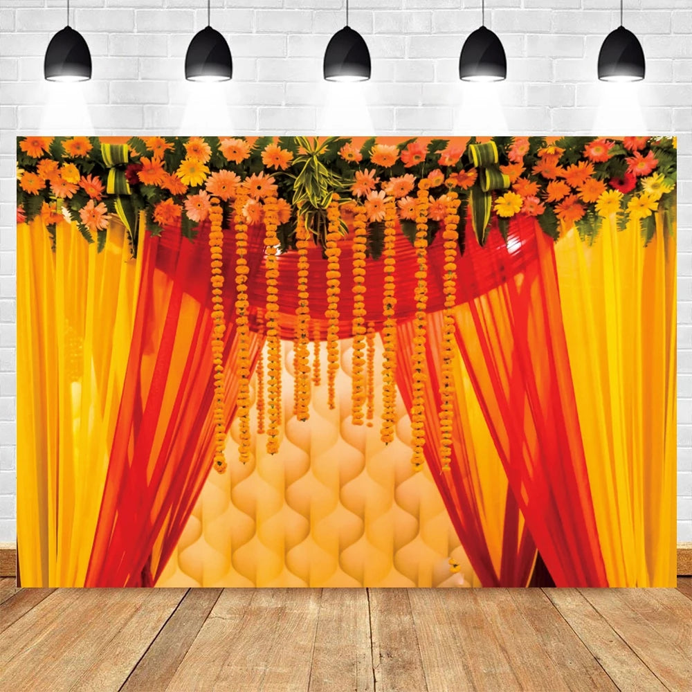 Indian Traditional Photography Background Marigold Green Leaf Hindu Indian Wedding Holi Flowers Garland Anniversary Backdrops