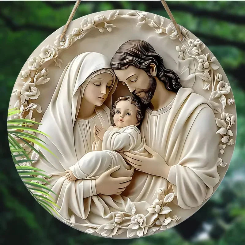 Virgin Mary Nativity Scene Metal Tin Sign with 2D Relief Effect of Jesus, Round, for Christmas.