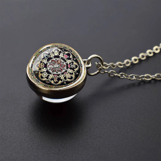 Sacred Geometry-Metatron's Cube Necklaces Sri Yantra Mandala Double Side Glass Ball Pendant Necklace Buddhist Yoga Jewelry Gift