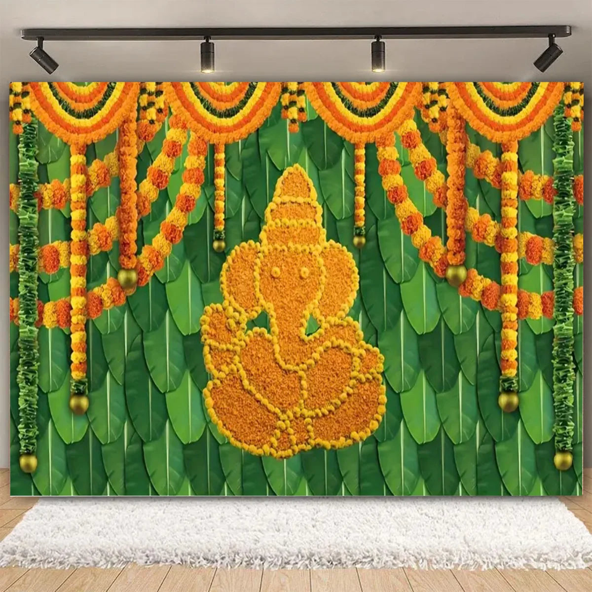 Indian Traditional Photography Background Marigold Green Leaf Hindu Indian Wedding Holi Flowers Garland Anniversary Backdrops