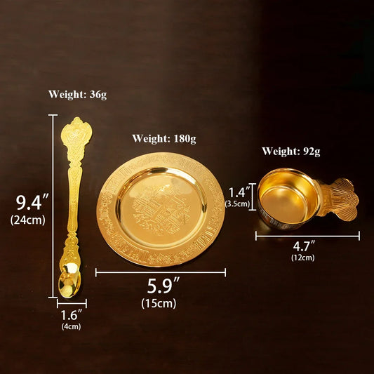 HTISOK Premium Gold-Tone Orthodox Eucharist Set: Communion Disc & Spoon, Engraved Liturgical Vessels for Church Use and Devotion