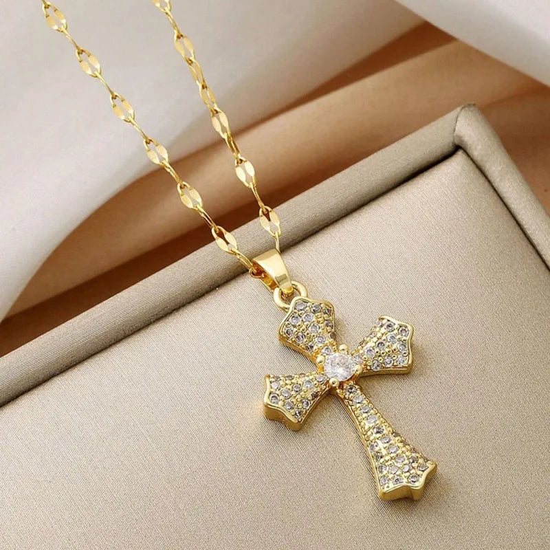 1pc Luxury Copper Zirconia Cross Pendant Necklace For Women Zircon Inlaid Jewelry Gold Color Long Clavicle Chain Necklaces