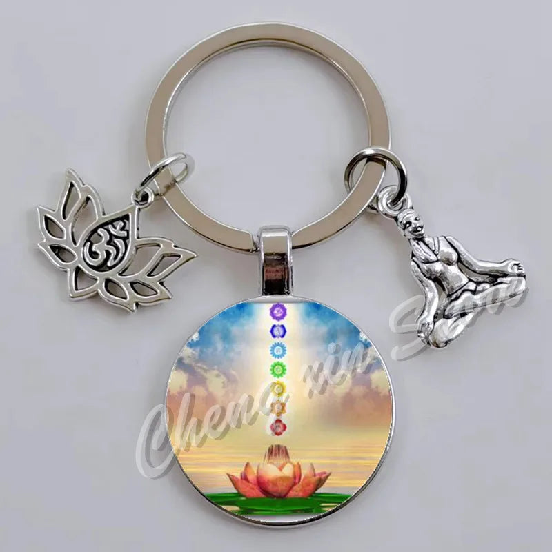Indian Buddha Meditation 7 Chakra Mandala Psychedelic Yoga Glass Cabochon Keychain Ornament