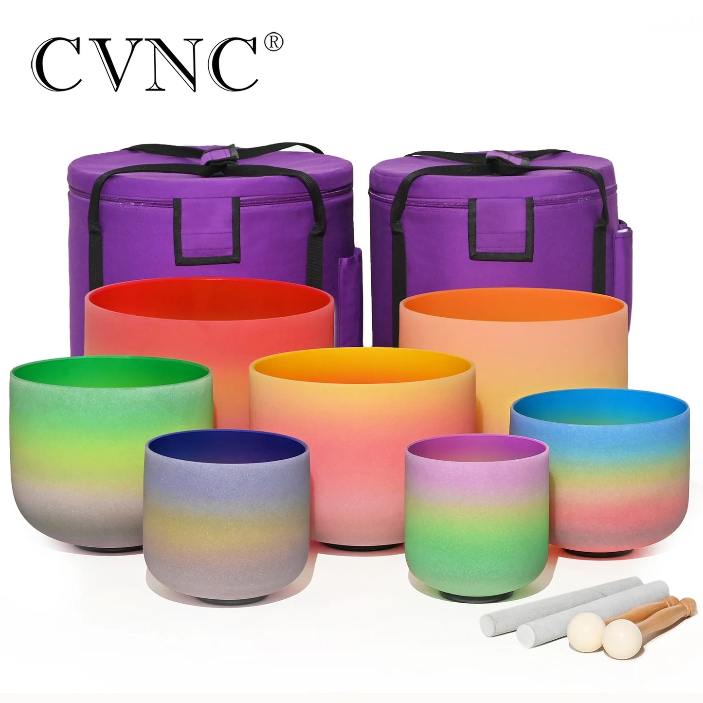 CVNC 6-12 Inch Colored Frosted Quartz Crystal Singing Bowls 7 chakra set for sound healing instrument with Bag