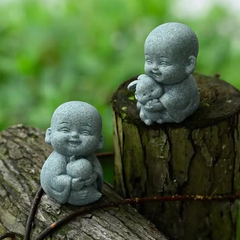 §Embracing Animal Monk Statue, Resin, Stone Zen Garden Decoration, Serene Smiling Sculpture