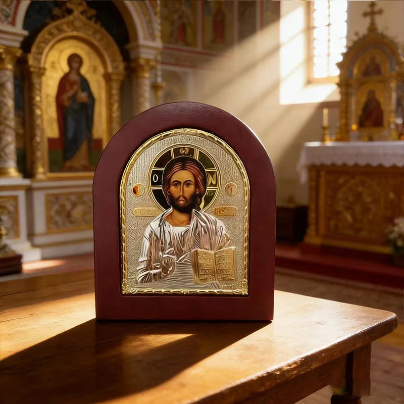 Jesus Christ Pantocrator Orthodox Icon Silver Plated Wooden Religious Wall Decor Christian Altar Prayer Home Decoration 13x11cm