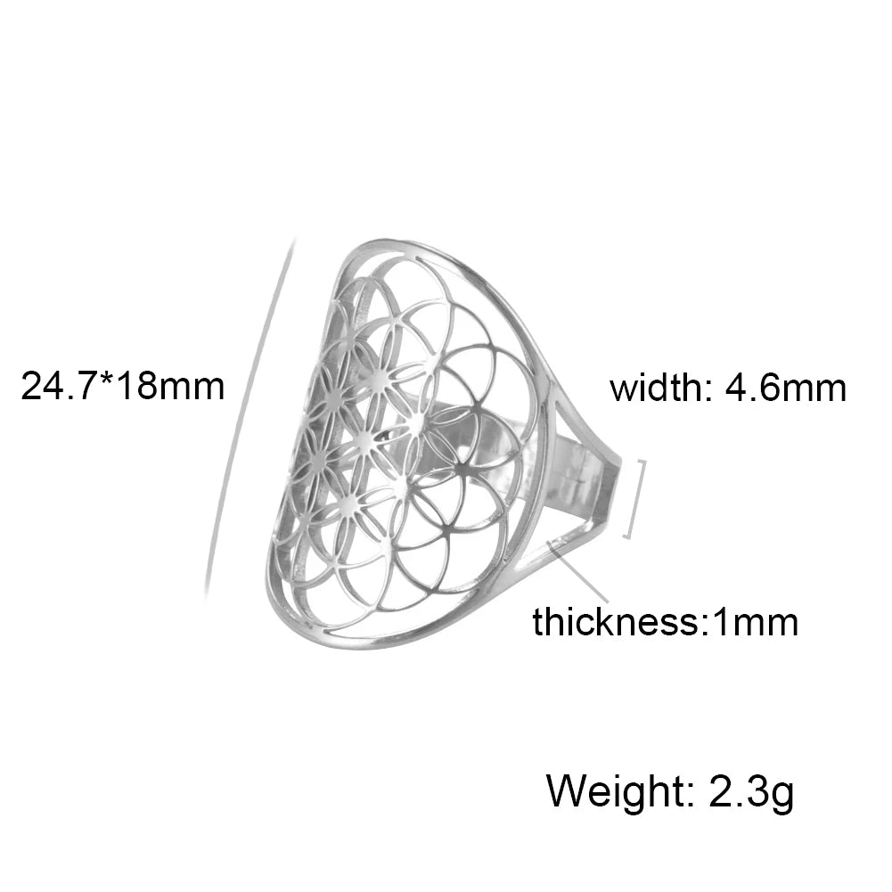 Unift Sacred Geometry Flower of Life Ring Adjustable Stainless Steel Ring Men Women Accessories Vintage Filigree Jewelry Gifts
