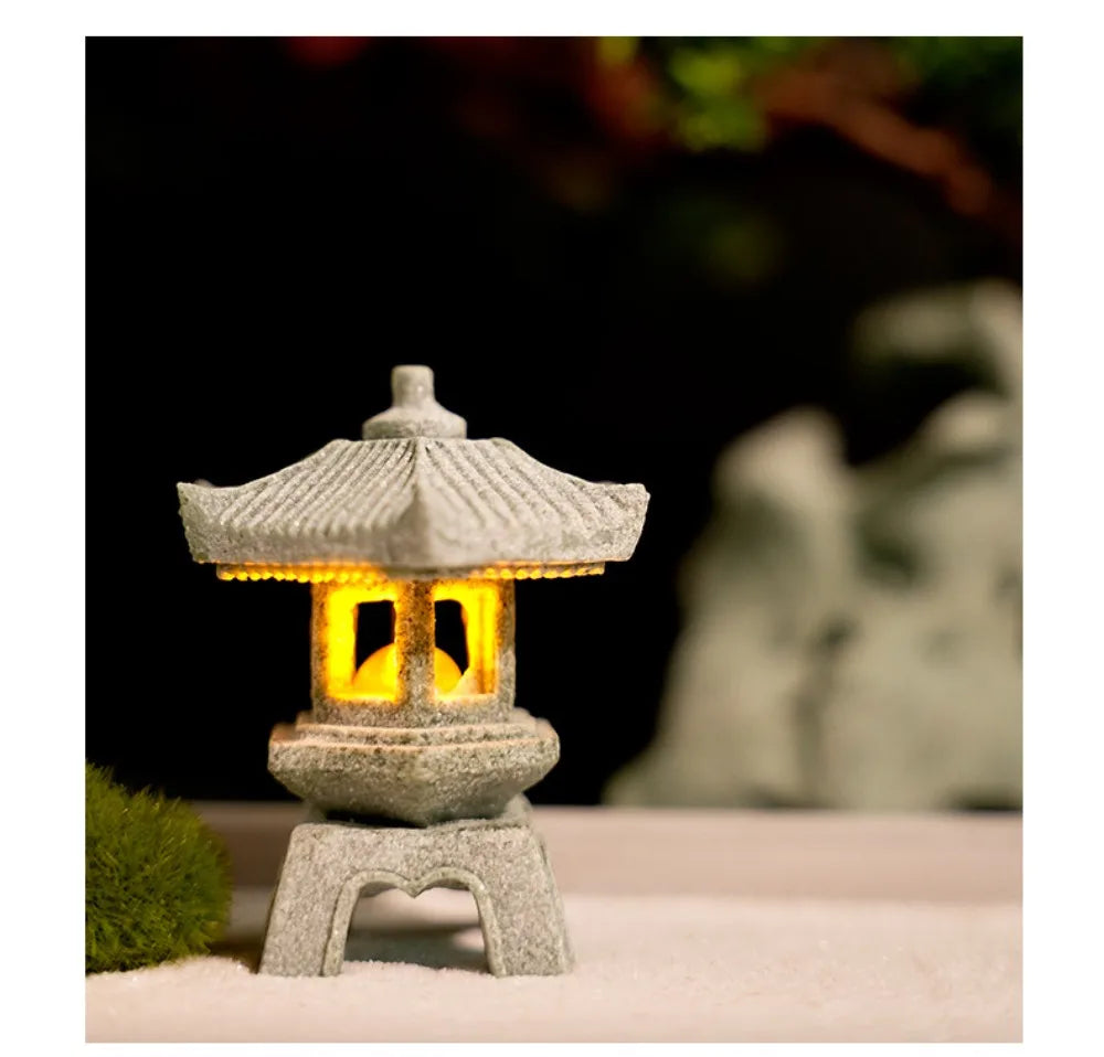 New Mini Pagoda Lantern Light Garden Statue Decorative Sand Stone Micro Landscape Lamp Zen Yard Miniature Bonsai