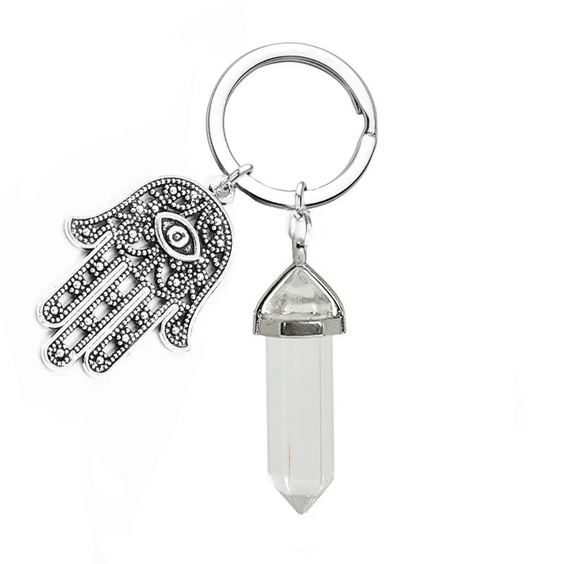 1Pc Natural Stone Crystal Points Keychain with Hamsa Hand Evil Eye Charms Reiki Energy Good Luck Amulet for DIY Jewelry Making