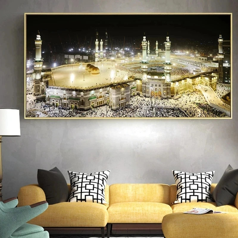 Holy City Mecca Islamic Sacred Landscape Muslim Mosque Canvas Paintings Poster and Print Wall Art Pictures for Living Home Decor