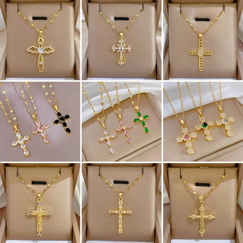 Exquisite Gold Color Stainless Steel Inlaid Crystal Cross Pendant Necklace for Women Men Luxury Full of Zircon Chokers Jewelry