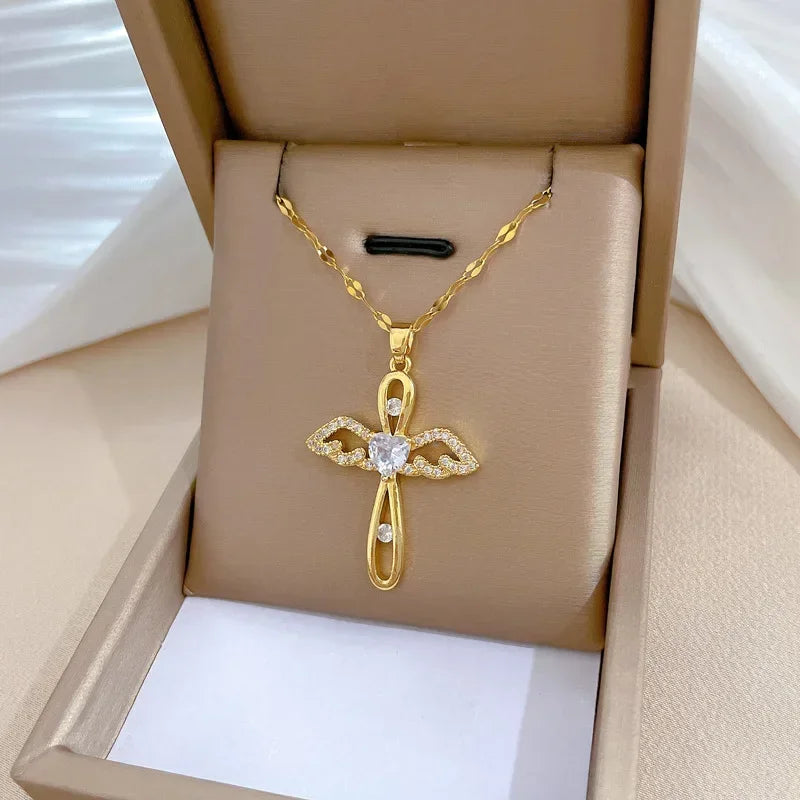 Exquisite Gold Color Stainless Steel Inlaid Crystal Cross Pendant Necklace for Women Men Luxury Full of Zircon Chokers Jewelry