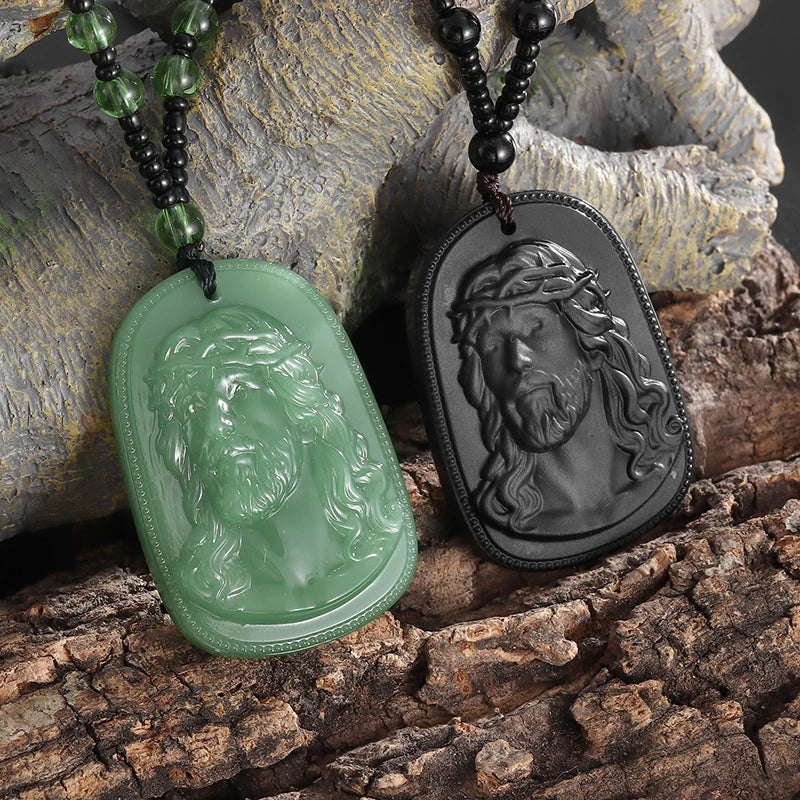 Classic Religious Emerald Green Imitation Jade Jesus Statue Pendant Necklace Men Women Christian Prayer Amulet Jewelry