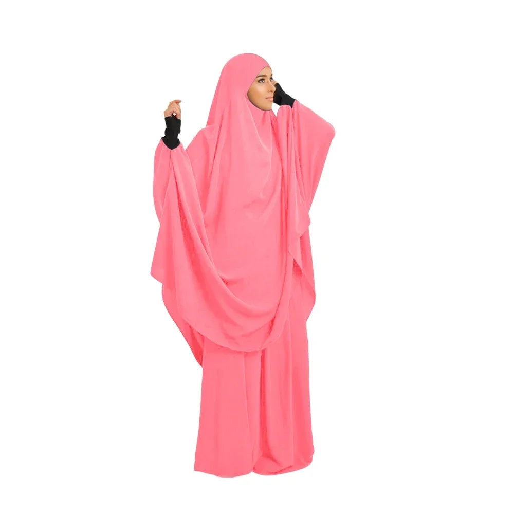 2 Piece Ramadan Khimar Muslim Women Prayer Set Dress Full Cover Islamic Burka Hooded Arab Gowns Umrah Eid Abaya Worship Service