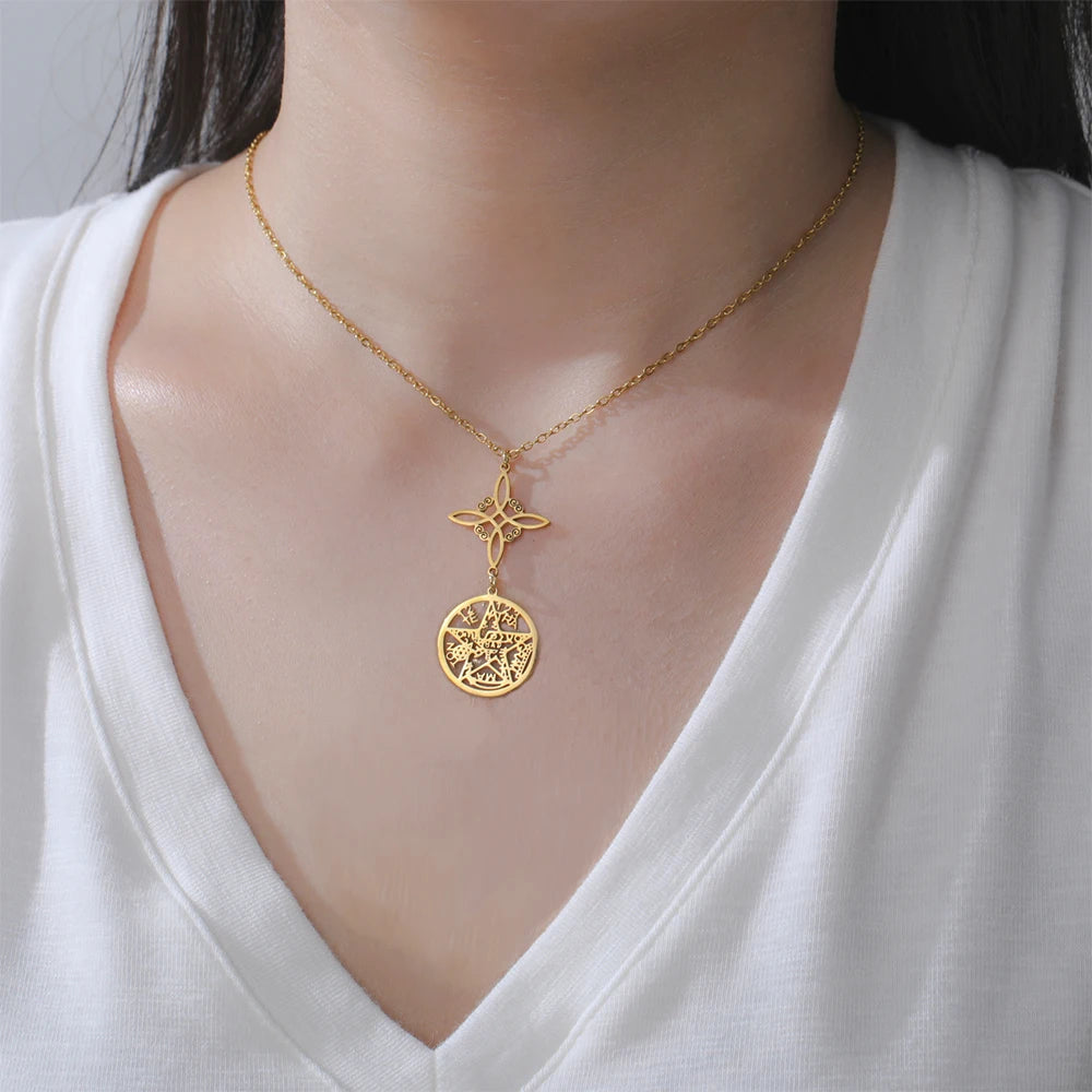 Double Amulet Protection Necklace witch Knot Pentagram Tetragrammaton Stainless Steel Protection Jewerly Wholesale