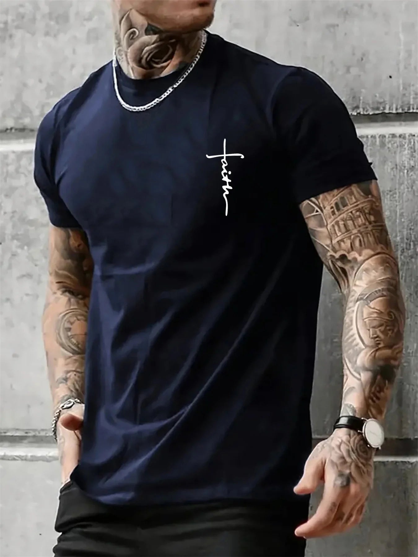 Summer men's 100% pure cotton casual loose fit plus size cross faith pattern printed round neck short sleeved T-shirt top