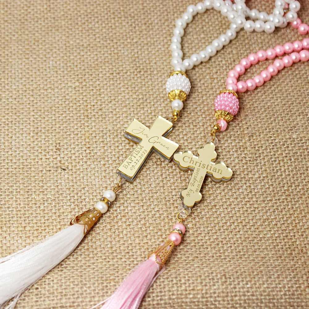 12Pcs Personalized Baptism Rosary Favors,Henna Party Favors,Cross First Holly Communion Rosary Keepsakes,Christening Guest Favor