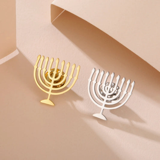 Jewish Menorah Candle Holder Brooch for Women Men Stainless Steel Faith Lamp Shirt Suit Badge Pin Religious Judaica Accessories