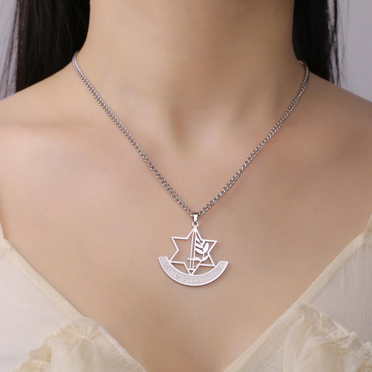 LIKGREAT Hexagram IDF Symbol Necklace Women Men Star of David Chai Pendant Jewish Stainless Steel Jewelry