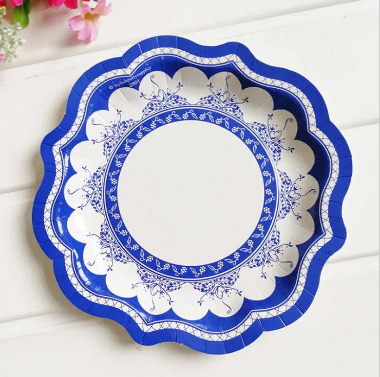 8pcs Chinese Blue White Porcelain Plate Party Decoration Plate Retro Wave Edge Plate Holiday Cake Plate Disposable Paper Plate