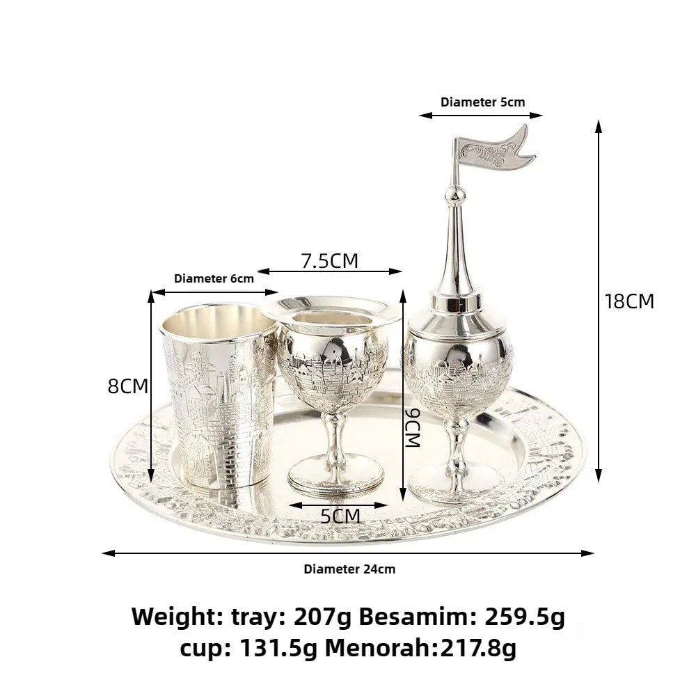 Kiddush high foot cup and tray, Havdalah candle holder, Besamim spice box Havdalah 4pcs set, suitable for the end of the Sabbath