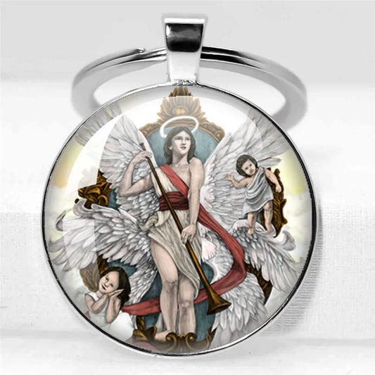 25mm/30MM Archangel Saint Michael Protect Me Holy Shield Angel Protection Glass Pendant Christian Keychains Jewelry Gift