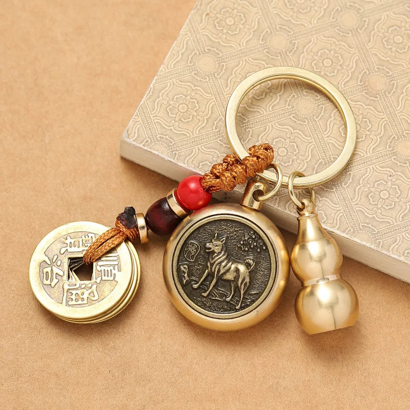 Brass Five Emperors Money Twelve Zodiac Key Chain Turnaround keyChain For Gfit Car Accessories Popular  In Scenic Spots