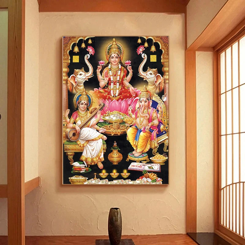 Religion Elephant God India Hinduism Ganesha Painting Canvas Durga Golden Zari Art Poster Prints Living Room Home Decor Pictures