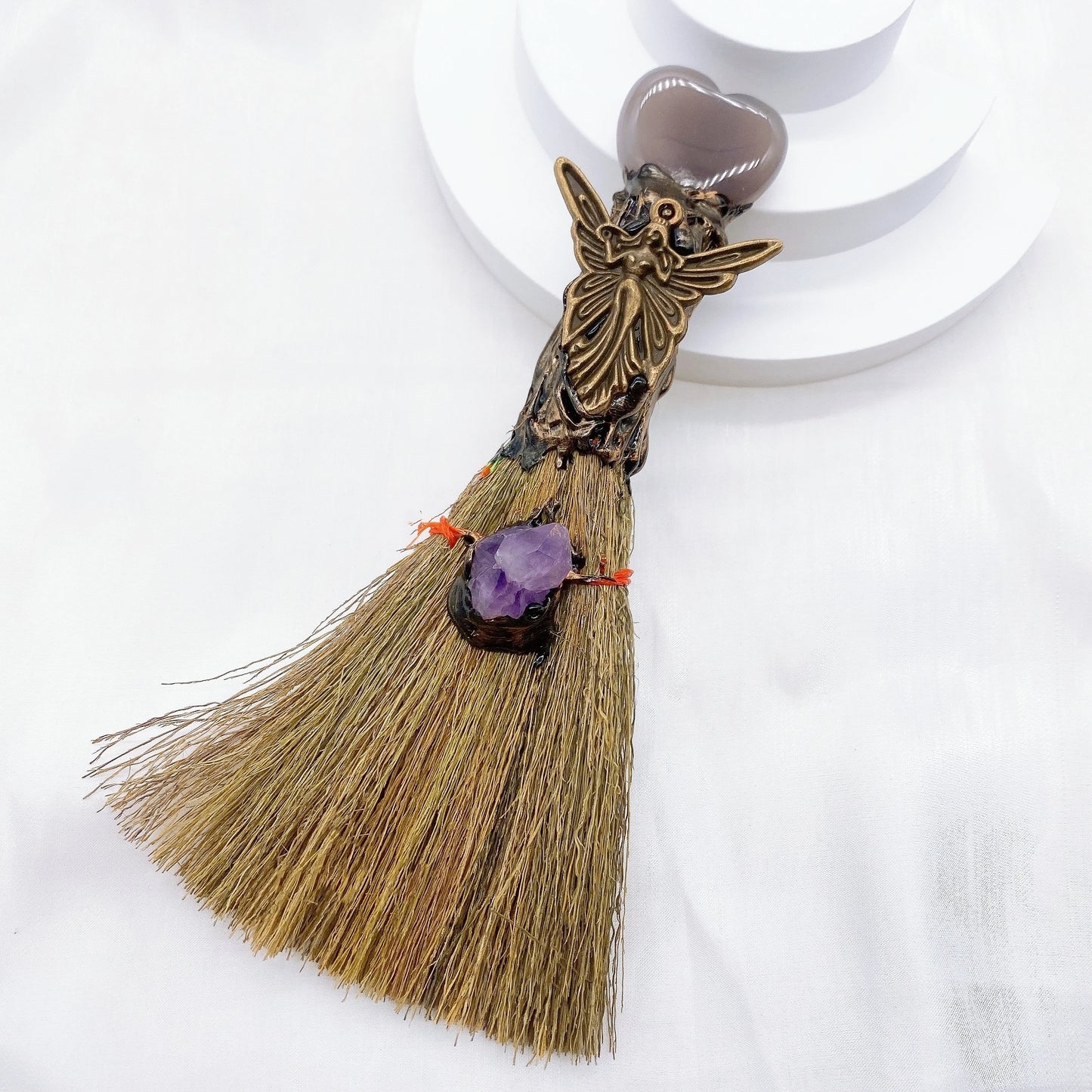 Natural Amethyst Crystal Love Heart Magic Broom Gem Crafts Home Decoration Reiki Healing Witch Broomstick Christmas Gift