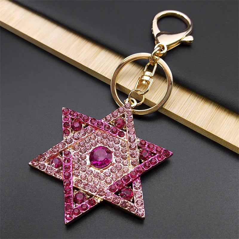 Hexagram Star of David Blessing  Keychain for Women Men Pink Rhinestone Gold Color Jewish Key Chains Jewelry chaveiro K9646S01