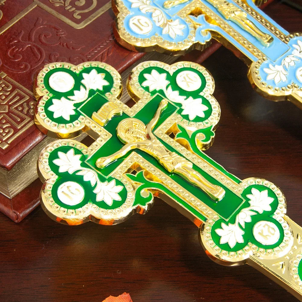 HTISOK Orthodox Blessing Handheld Church Cross Gold Plated Colorful Enamel Jesus icon Cross INRI Crucifix Single Face Jesus