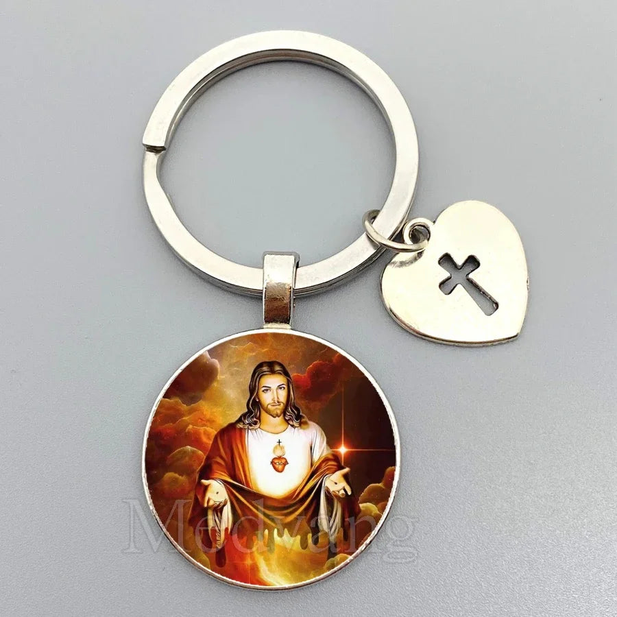 Jesus Sacred Heart Keychain Virgin Mary Glass Dome Key chain Catholic Men's and Women's Jewelry Gifts