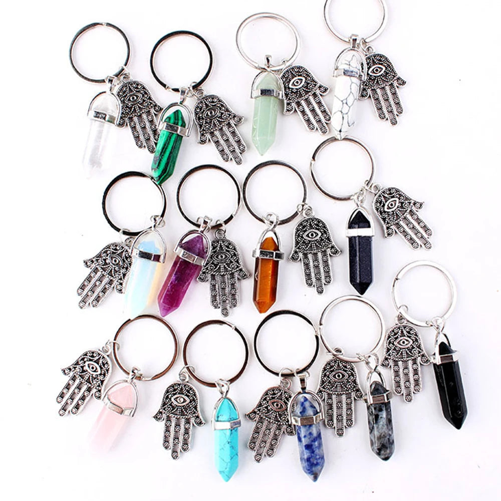 1Pc Natural Stone Crystal Points Keychain with Hamsa Hand Evil Eye Charms Reiki Energy Good Luck Amulet for DIY Jewelry Making