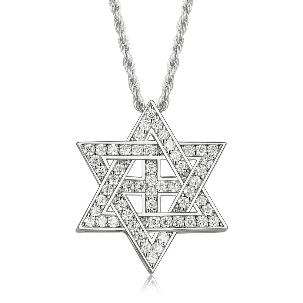 APIR 925 Silver D/VVS1 Moissanite Star Pendant Necklace Cross Star of David for Men Women Lucky Amulet Chain Neck Jewelry