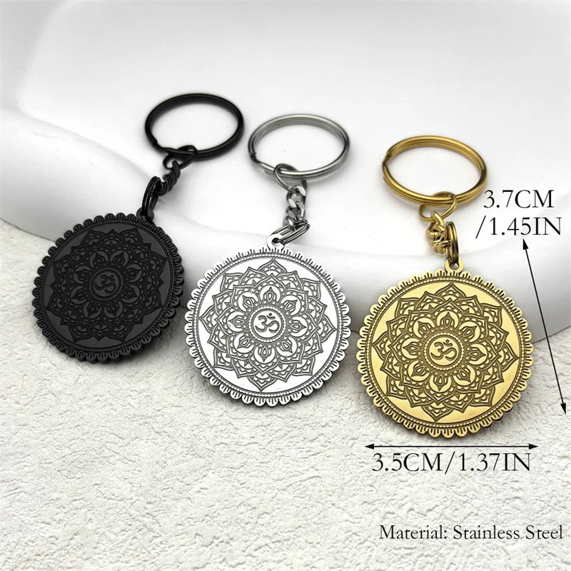 OM Yoga Lotus Flower Keychain Women Men Stainless Steel Gold Silver Color Buddha Mandala Meditation Spiritual Indian Jewelry