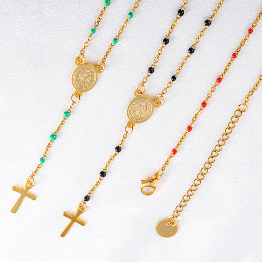 Jesus Stainless Steel Cross Rosary Christian Catholic Religious Width 1.5mm Enamel Satellite Bead Cable Link Chain Necklace