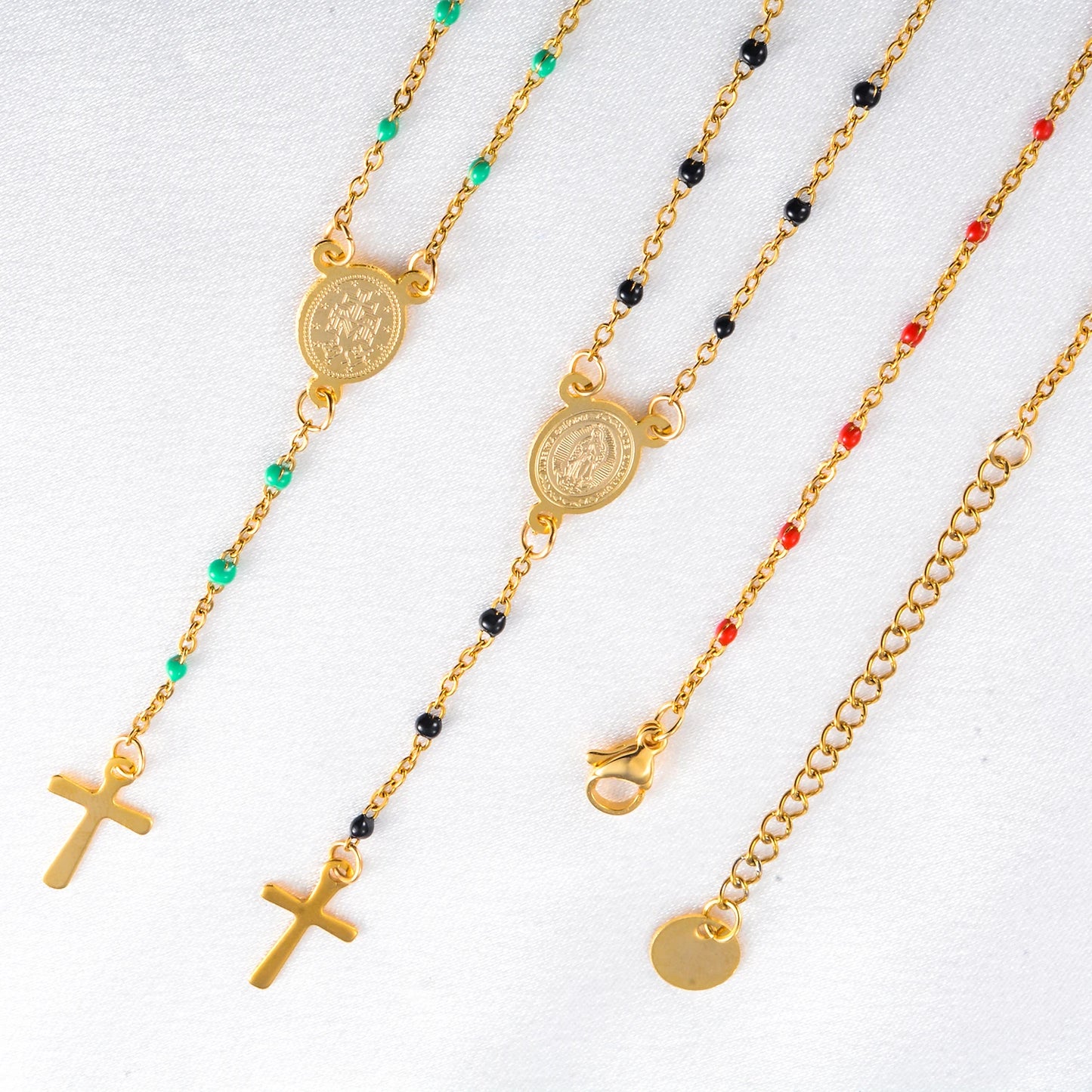 Jesus Stainless Steel Cross Rosary Christian Catholic Religious Width 1.5mm Enamel Satellite Bead Cable Link Chain Necklace