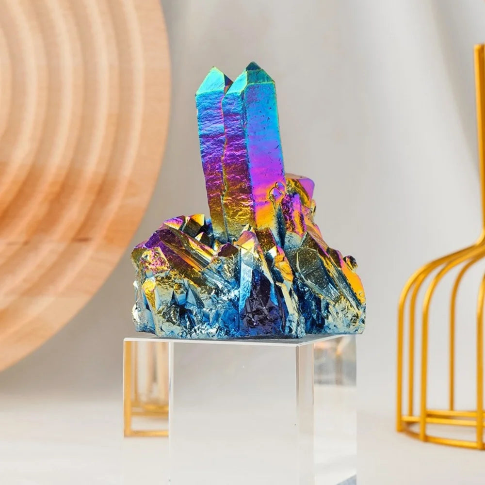 Natural Rough Rainbow Titanium Plating Aura Quartz Clusters Spiritual Crystals Gemstone Healing Stones Specimen for Decor