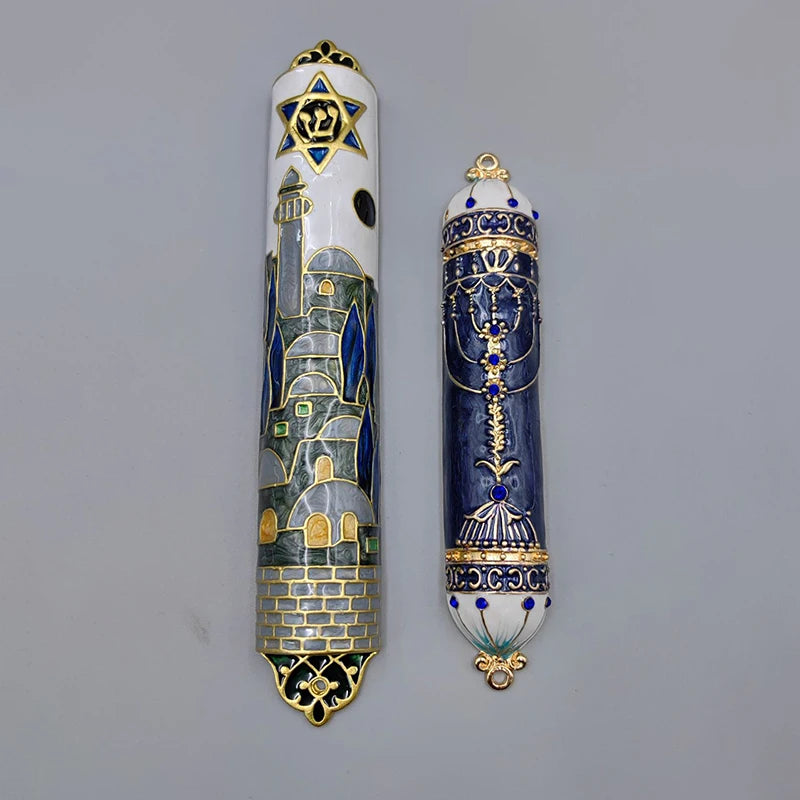 Jewish Mezuzah Case Cover Home Blessing Door Ornaments Delicate Enamel Flowers Embellished Crafts Jewish Traditional Holy Gifts