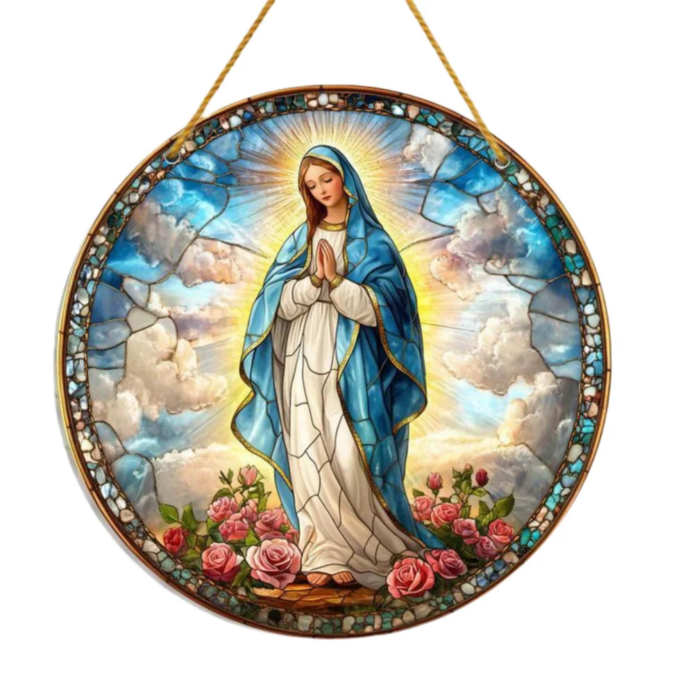 Virgin Mary Suncatcher - Round Acrylic Wall Art, Stained Style Hanging Decor, Ideal for Living Room, Bedroom,Perfect Family Gift
